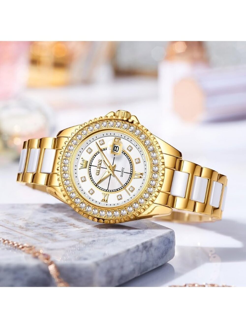 Olevs Women's White Dial Skeleton Diamond Gold Automatic Elegant Luxury Watch - Picture 3 of 6
